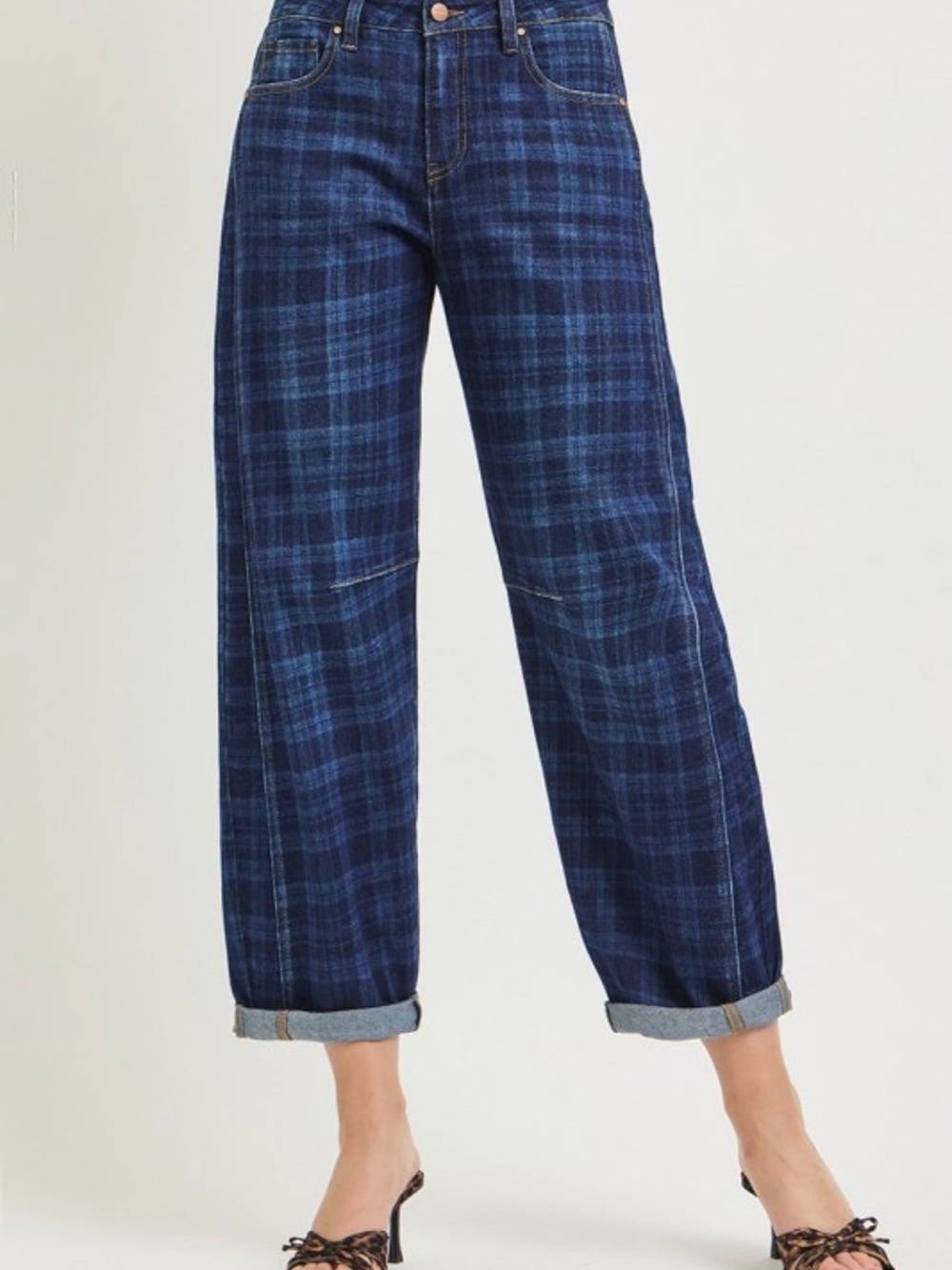 016. Risen, Indigo slouchy Plaid Barrel Leg Jeans, various sizes